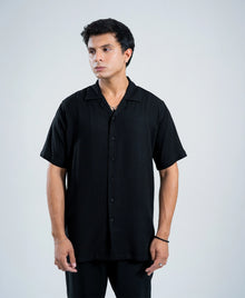 Midnight Black Irish Linen Cuban Collar Shirt