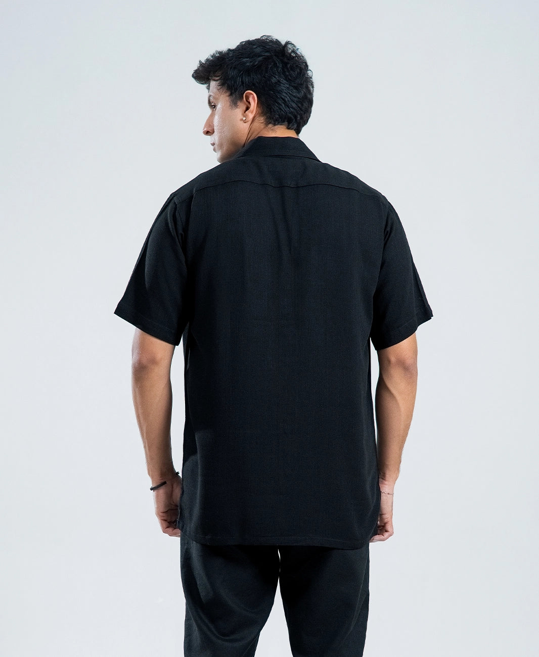 Midnight Black Irish Linen Cuban Collar Shirt