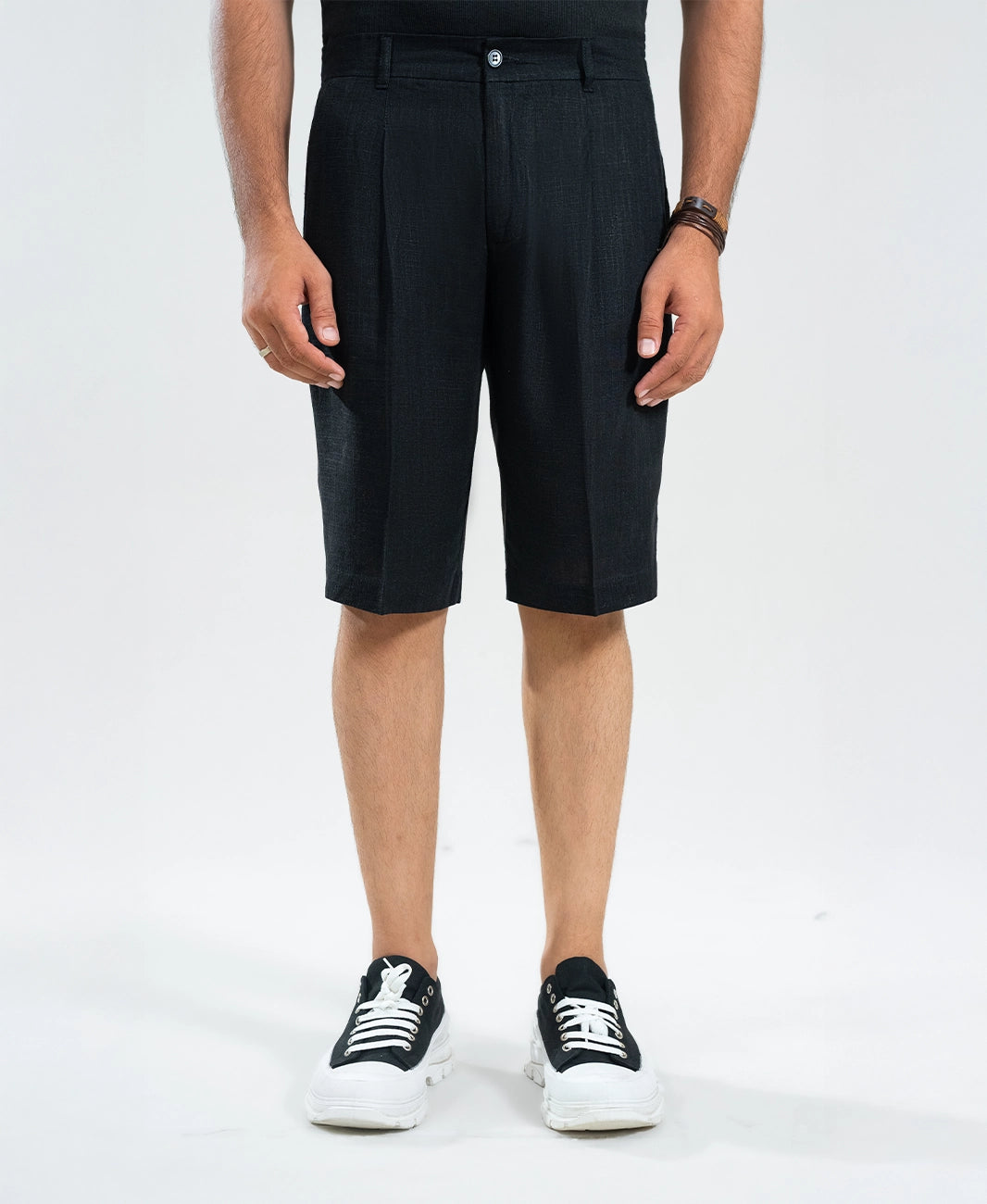 Midnight Black Textured Linen Shorts