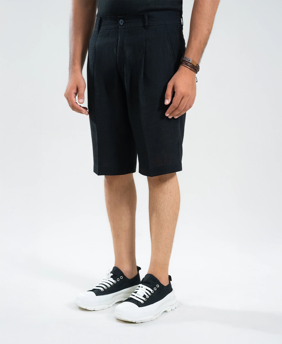 Midnight Black Textured Linen Shorts