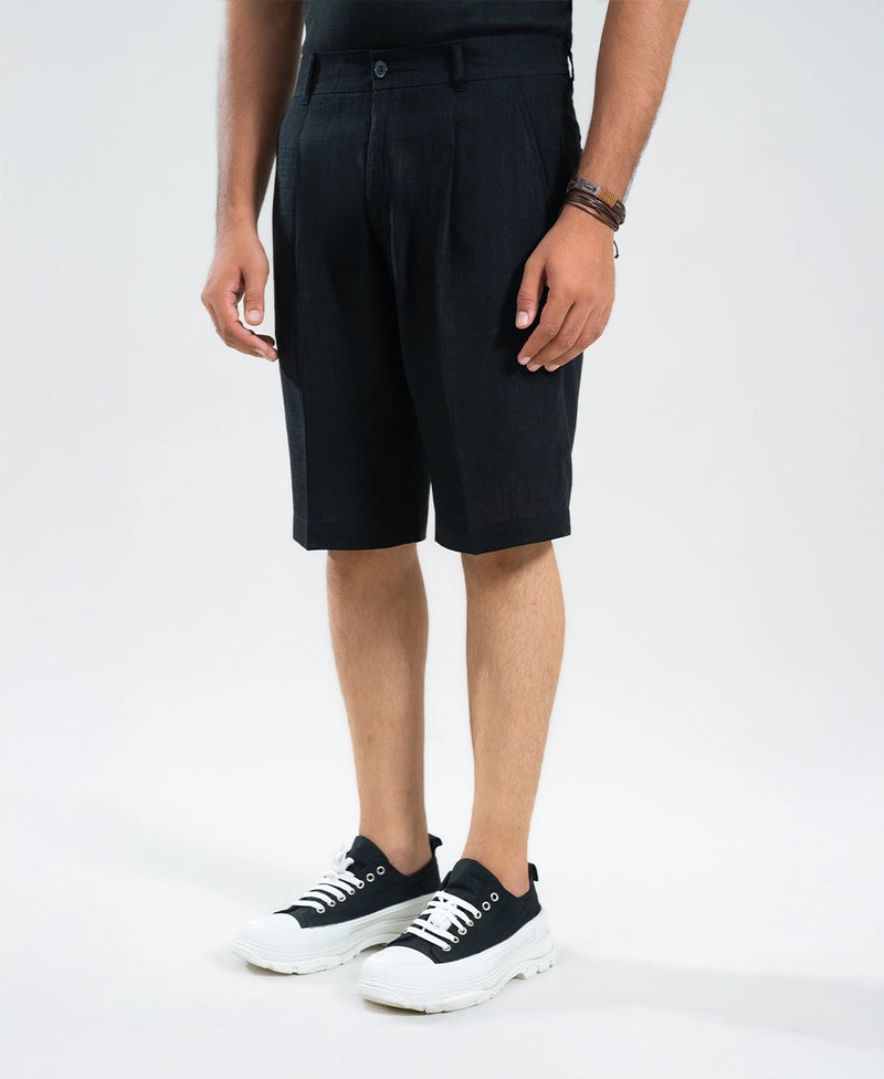 Midnight Black Textured Linen Shorts