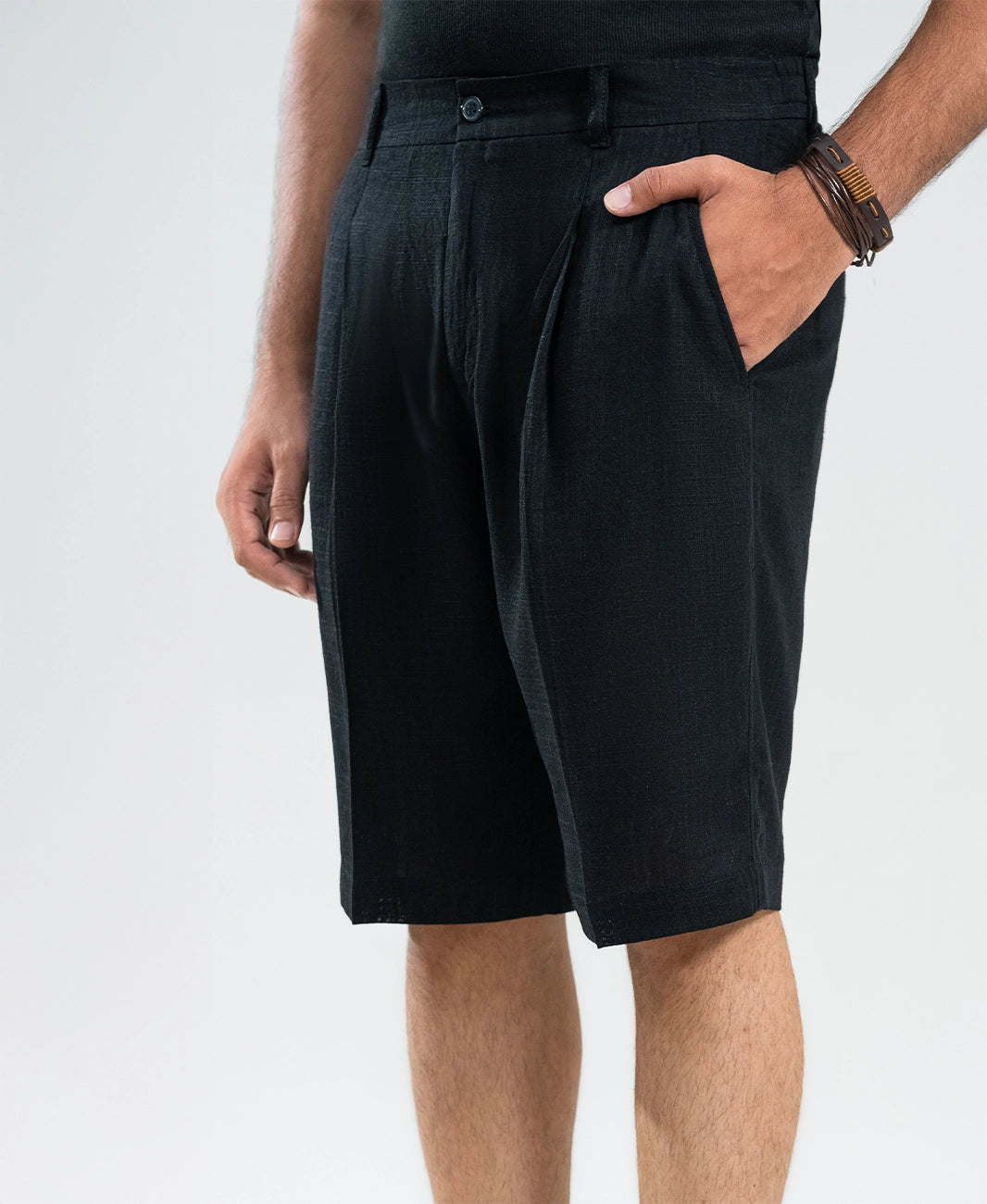 Midnight Black Textured Linen Shorts