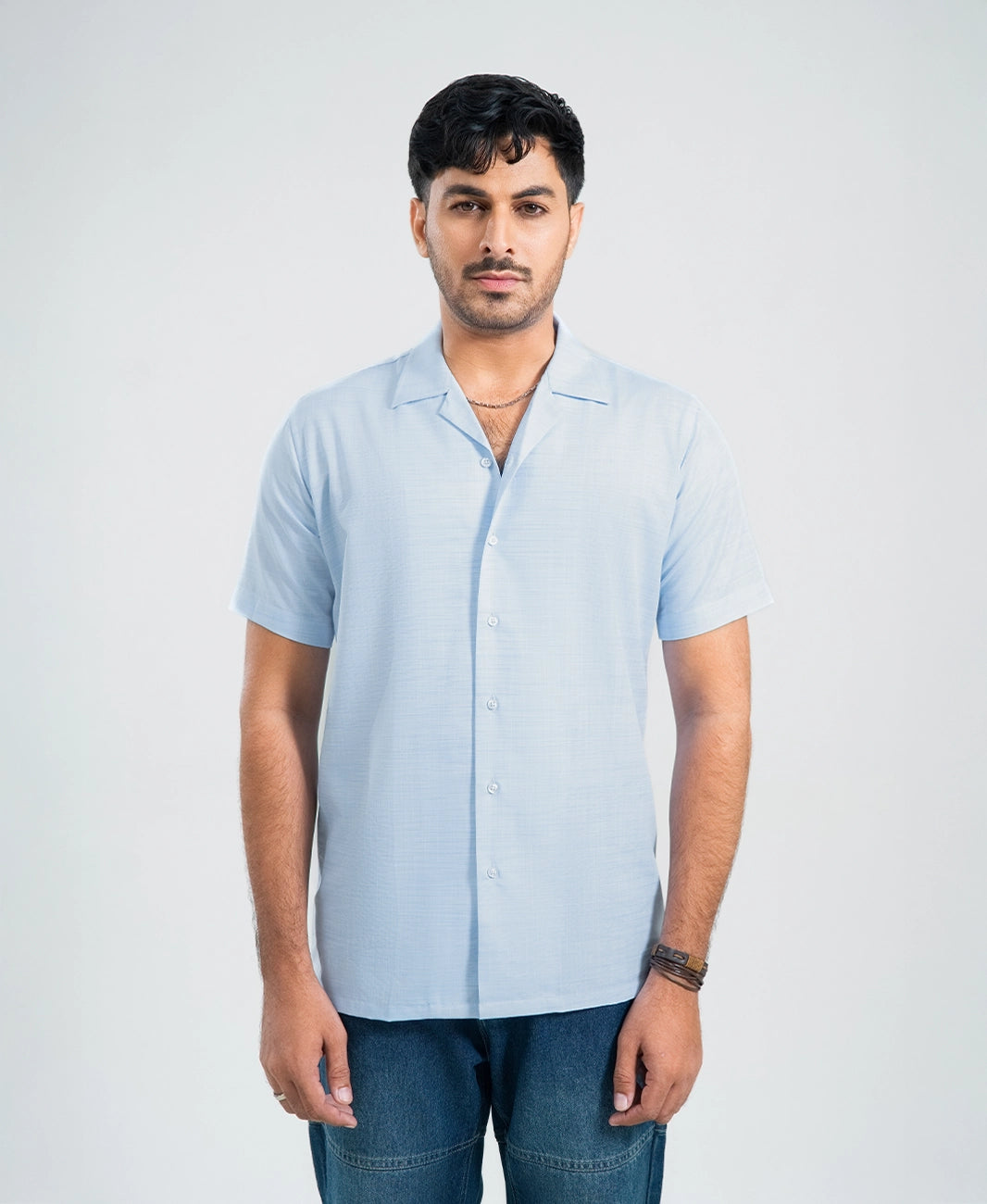 Light Royal Irish Linen Cuban Collar Shirt - White Trim