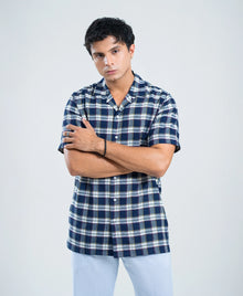 Navy Check Cuban Shirt - Off-White Contrast