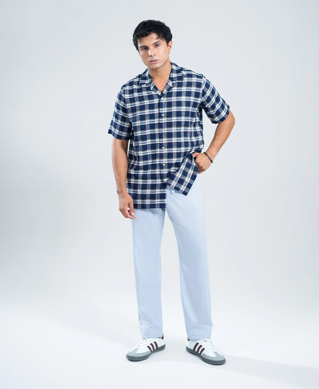 Navy Check Cuban Shirt - Off-White Contrast