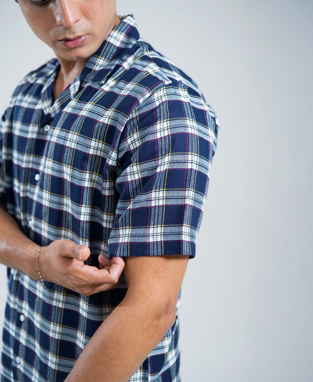 Navy Check Cuban Shirt - Off-White Contrast