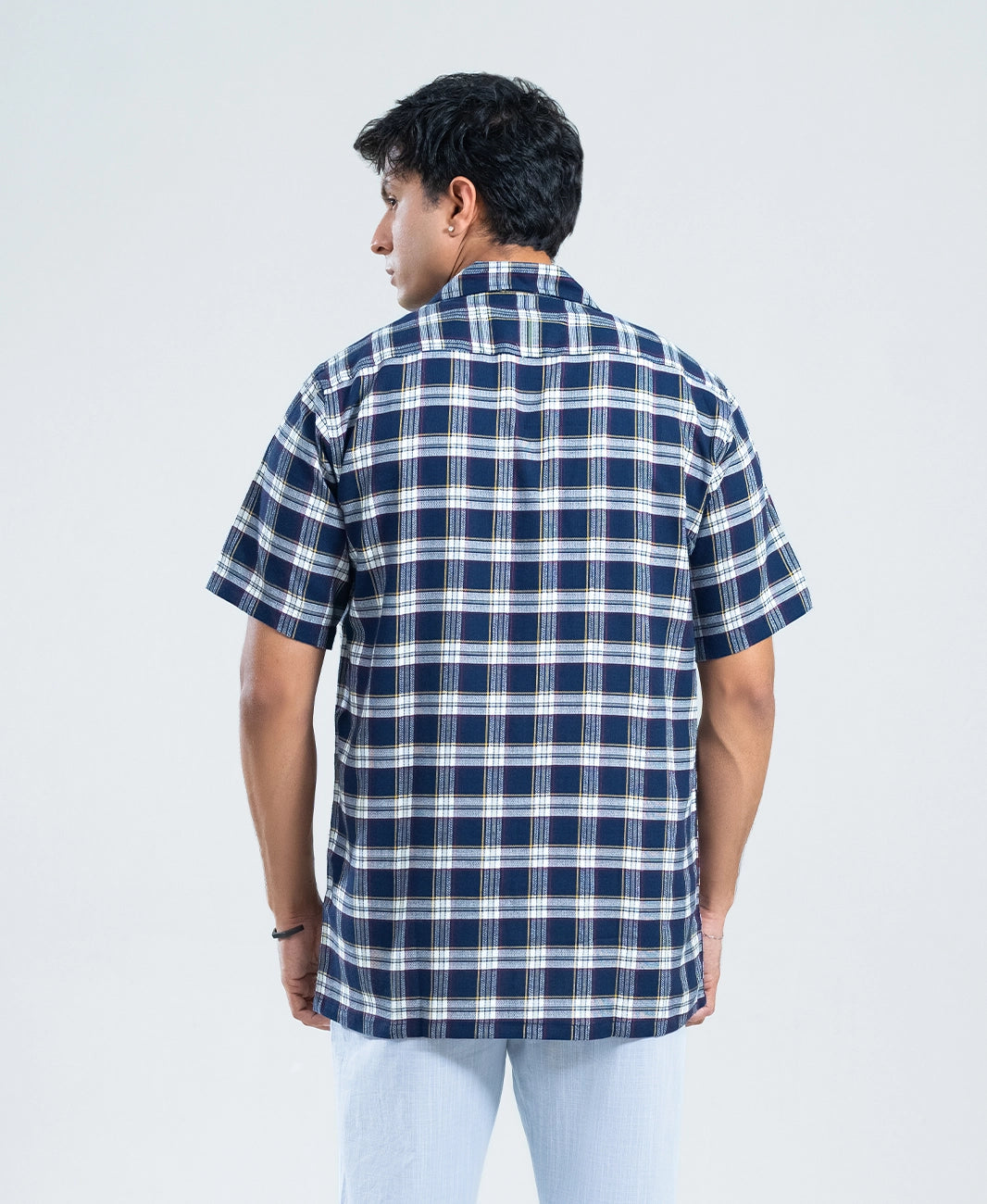 Navy Check Cuban Shirt - Off-White Contrast