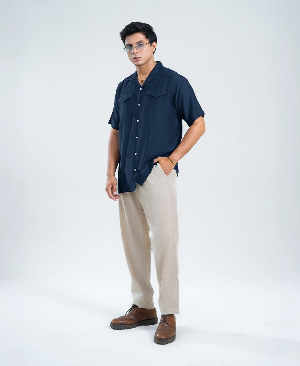 Ocean Navy Double Pocket Cuban Shirt