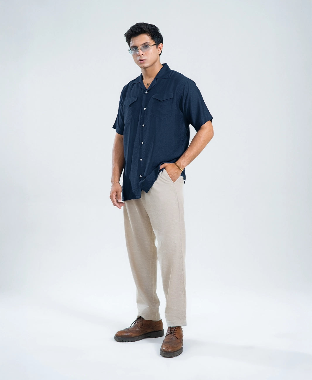 Ocean Navy Double Pocket Cuban Shirt