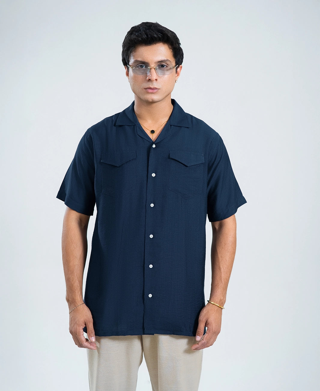 Ocean Navy Double Pocket Cuban Shirt
