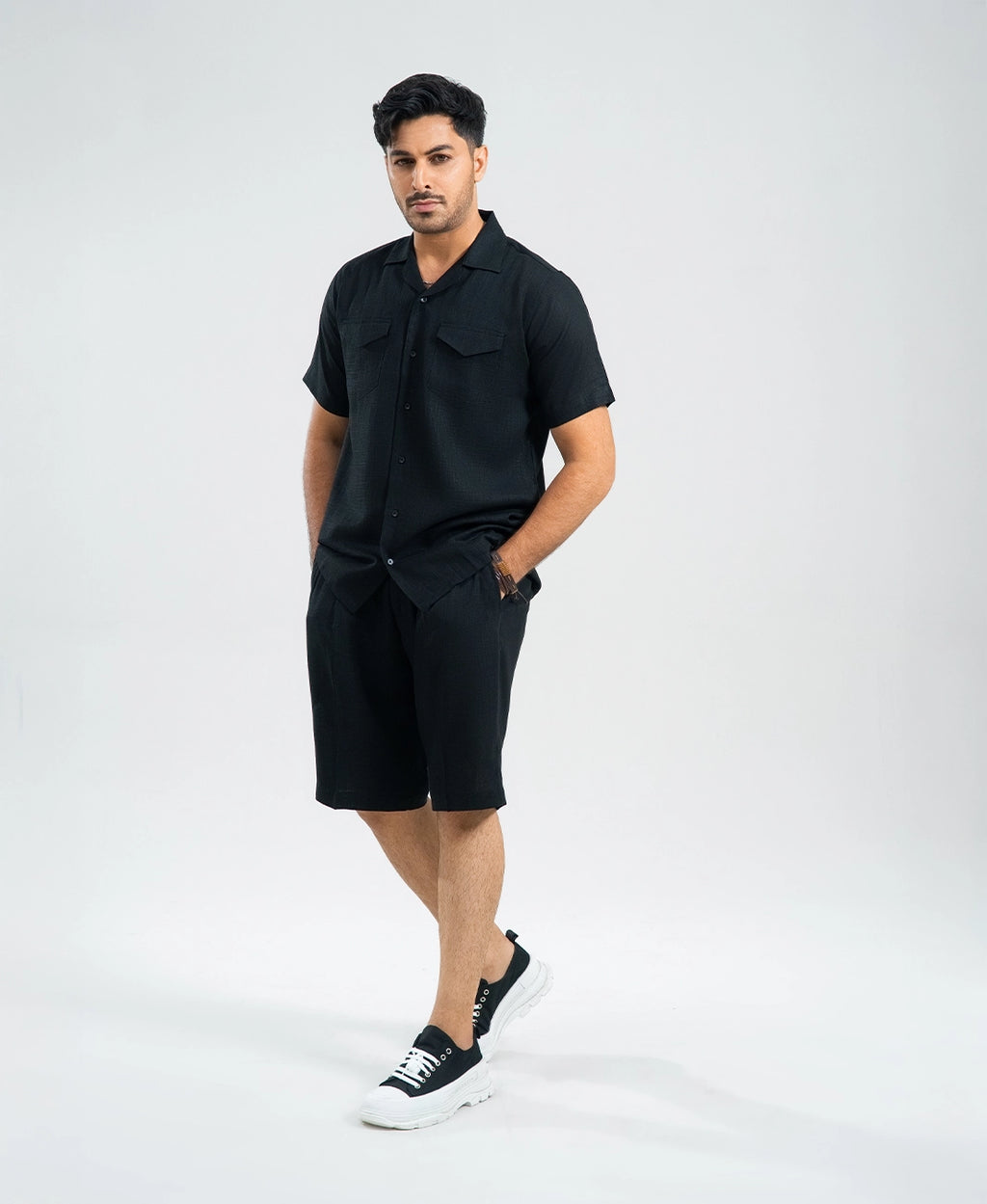 Midnight Black  Double Pocket Cuban Shirt