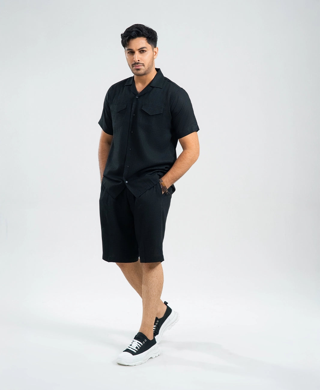 Midnight Black  Double Pocket Cuban Shirt