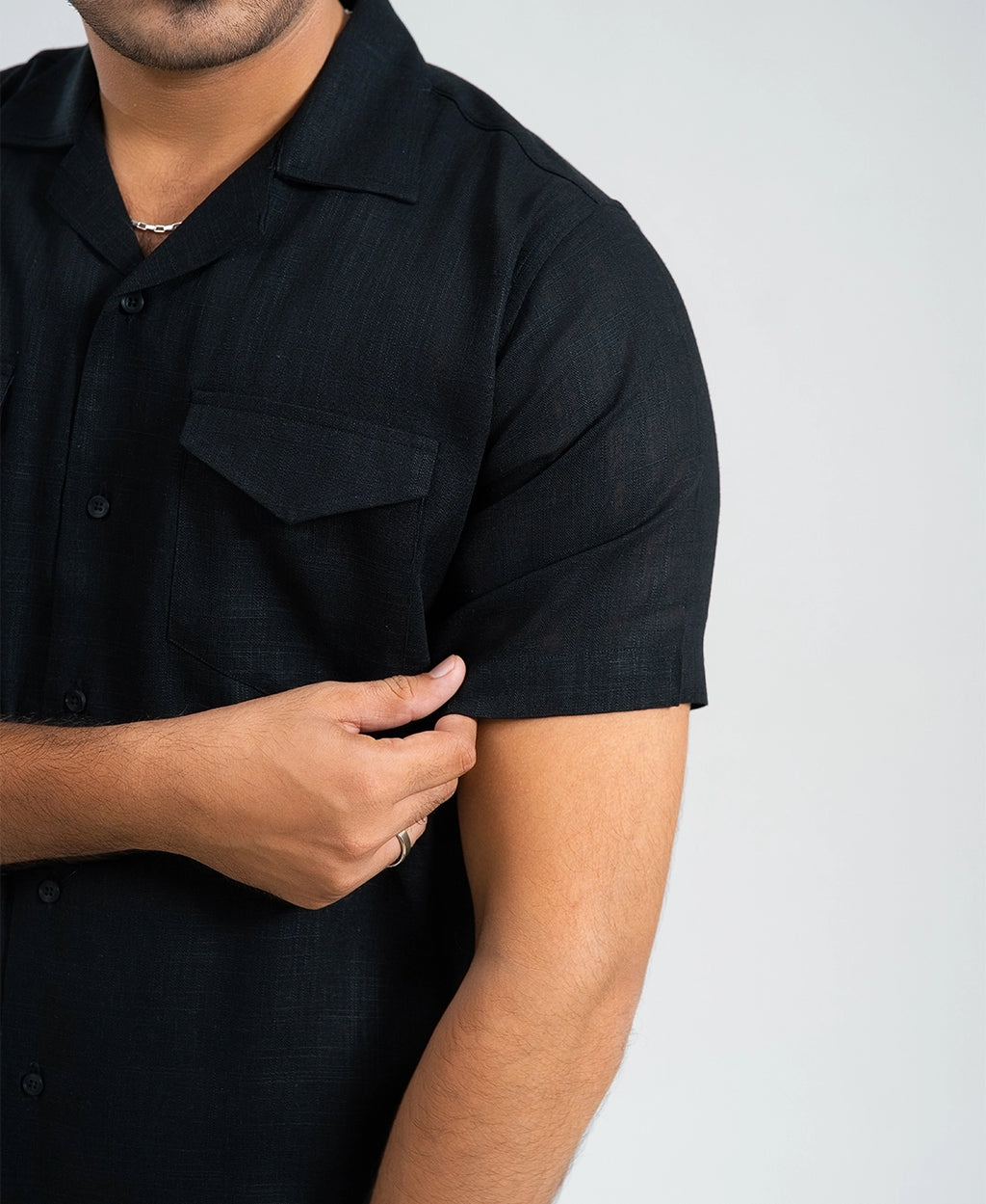 Midnight Black  Double Pocket Cuban Shirt