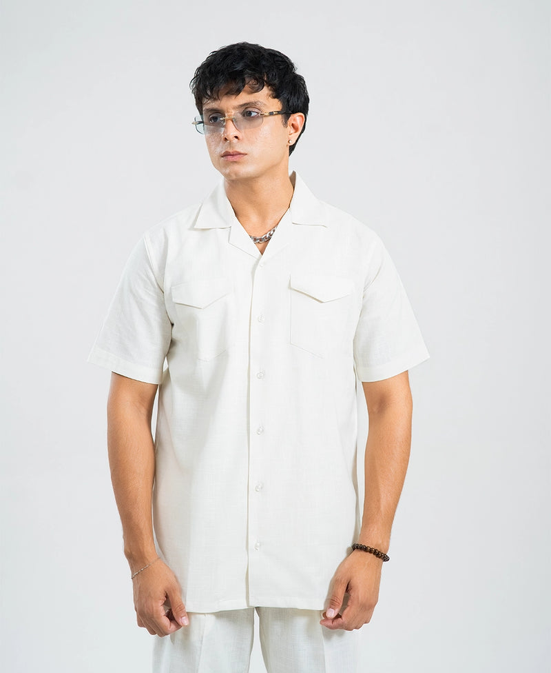 Ivory White Double Pocket Cuban Shirt