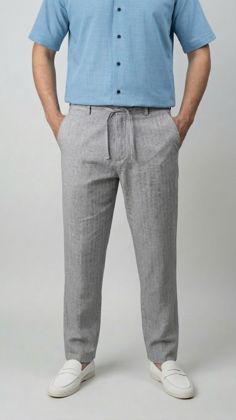 Grey Stripe Textured Irish Linen Trousers