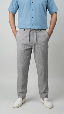 Grey Stripe Textured Irish Linen Trousers