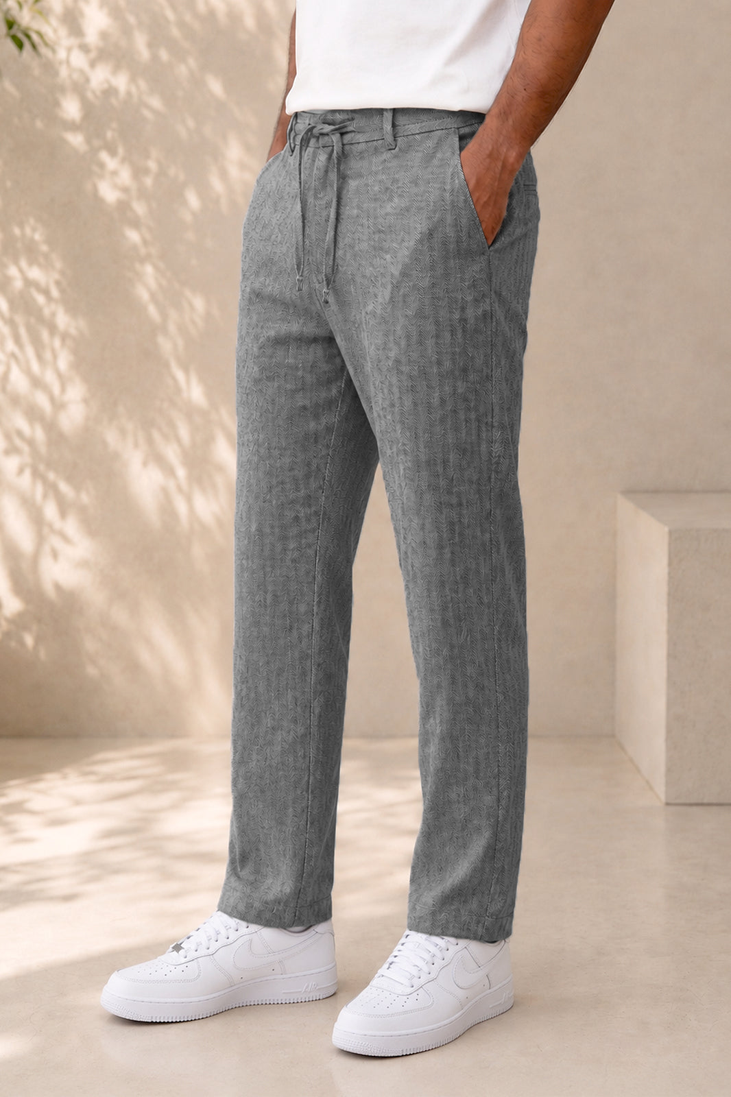 Grey Stripe Textured Irish Linen Trousers