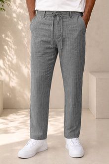 Grey Stripe Textured Irish Linen Trousers