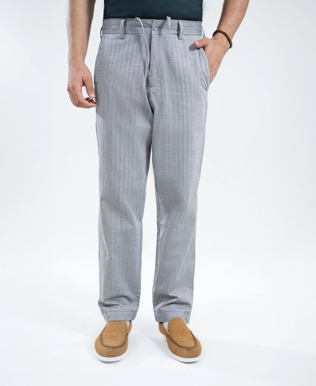Grey Stripe Textured Irish Linen Trousers