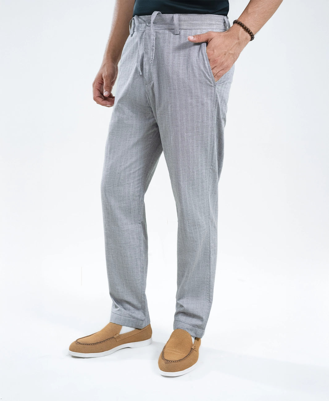 Grey Stripe Textured Irish Linen Trousers