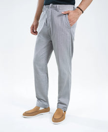 Grey Stripe Textured Irish Linen Trousers