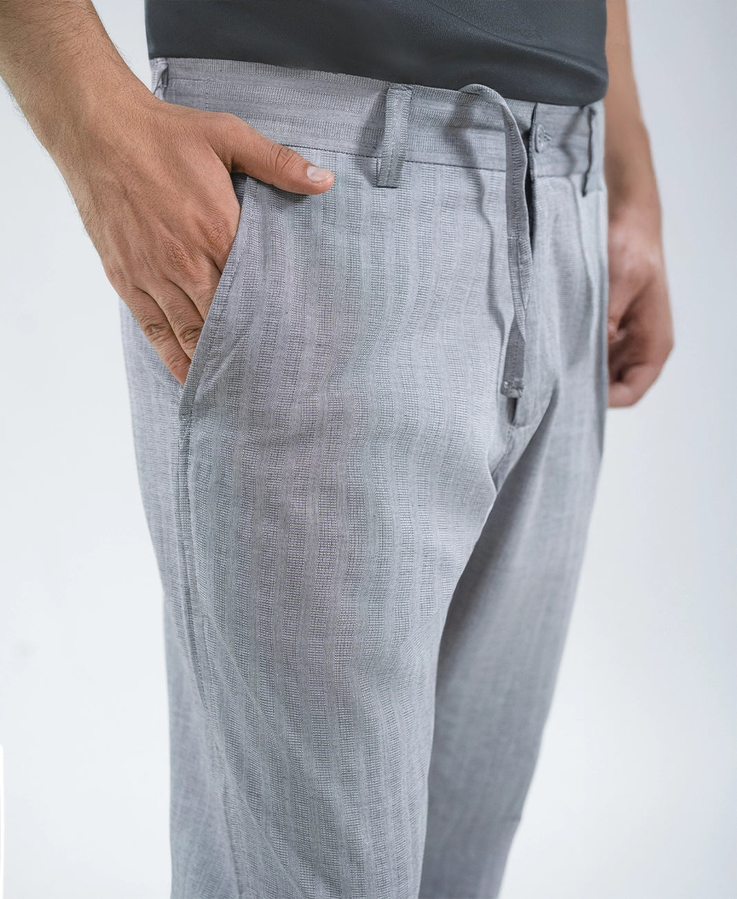 Grey Stripe Textured Irish Linen Trousers