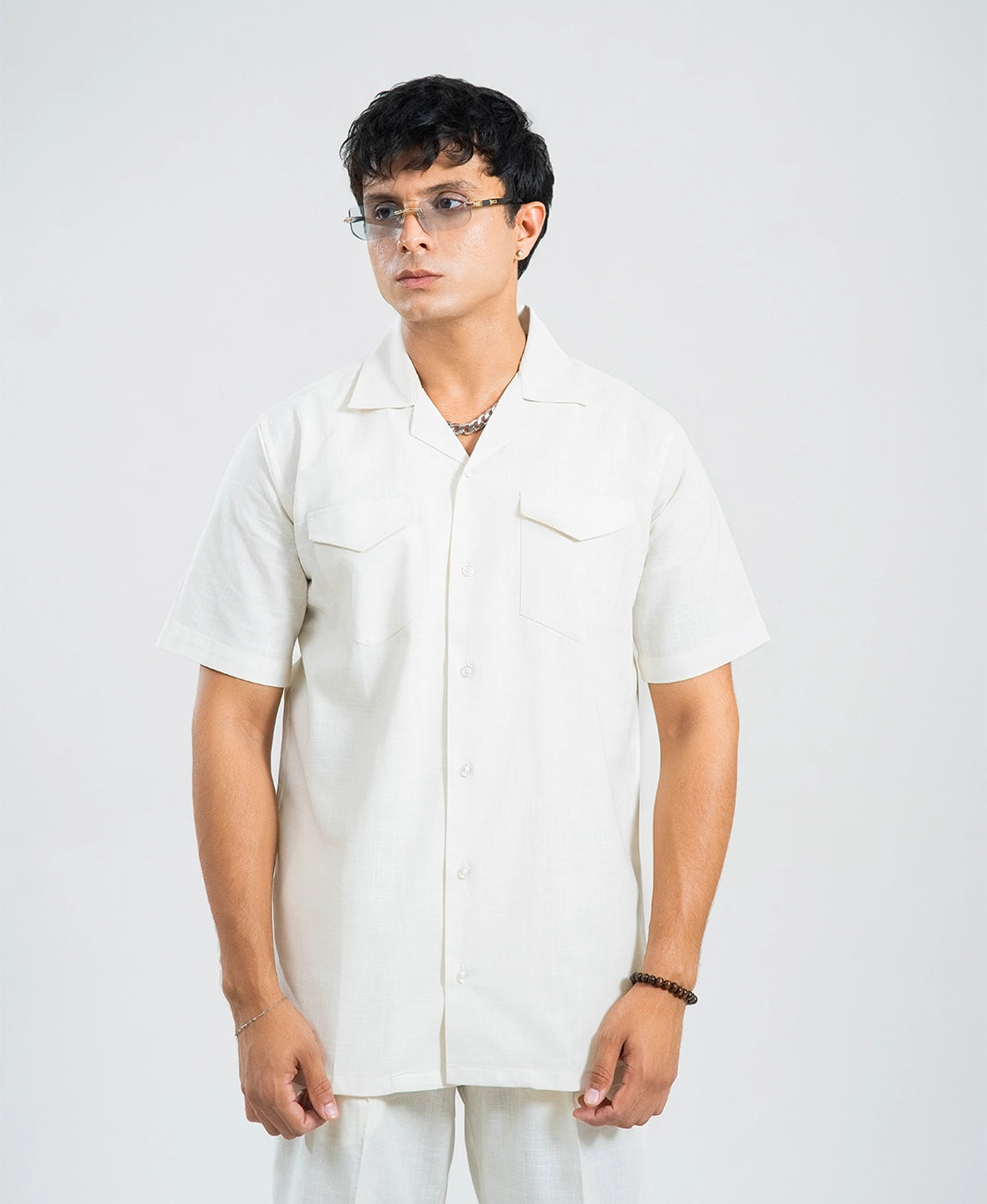 Ivory White Double Pocket Cuban Shirt