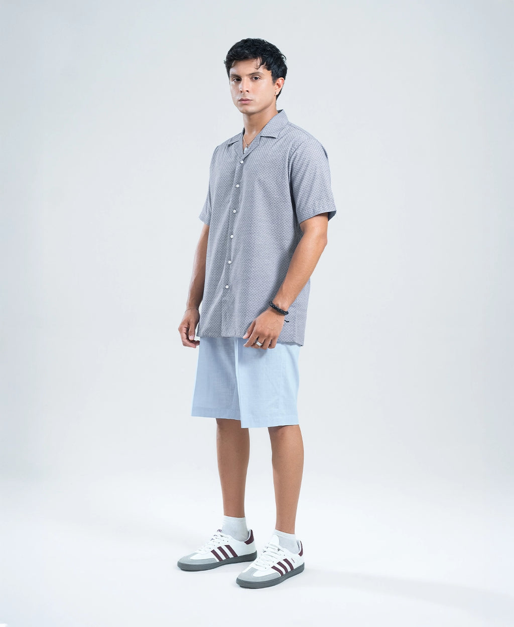 Navy & Grey Jacquard Cuban Shirt - Premium Weave