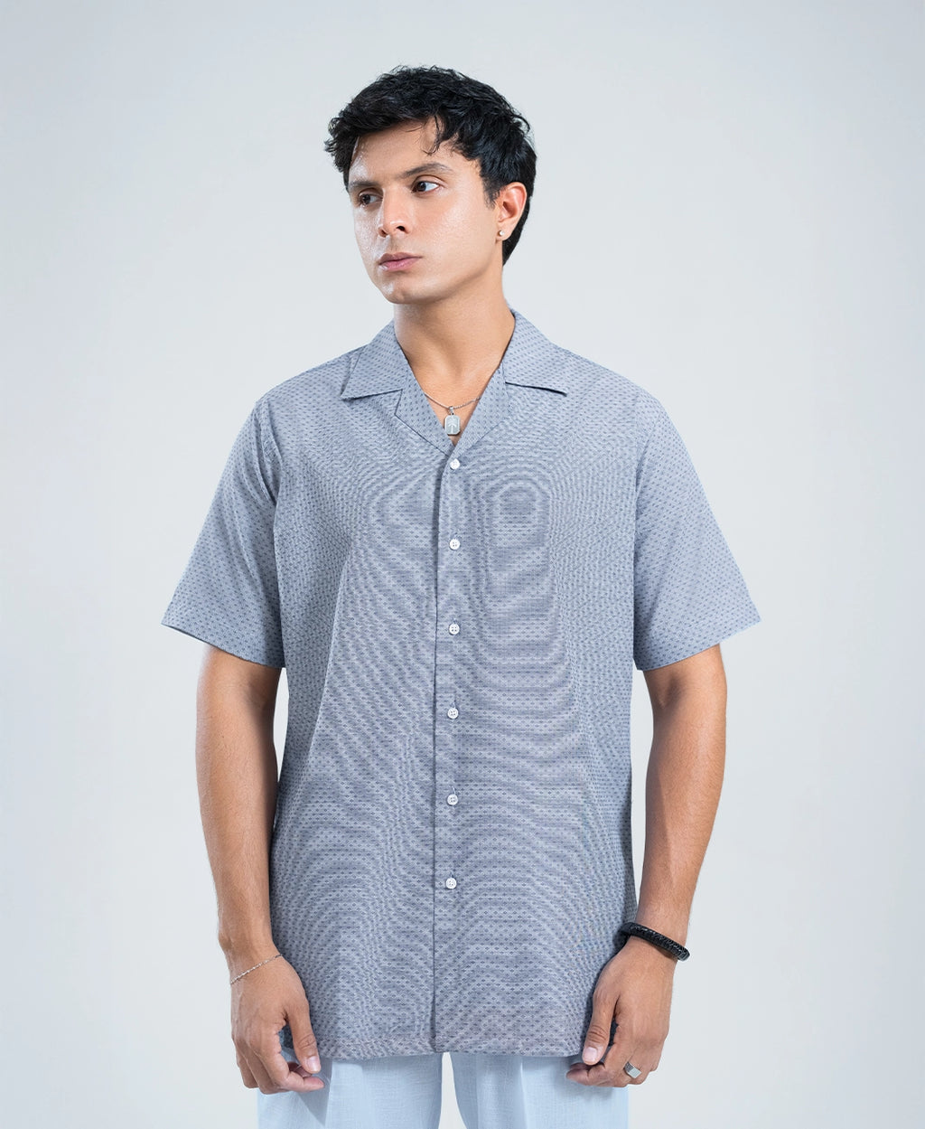 Navy & Grey Jacquard Cuban Shirt - Premium Weave