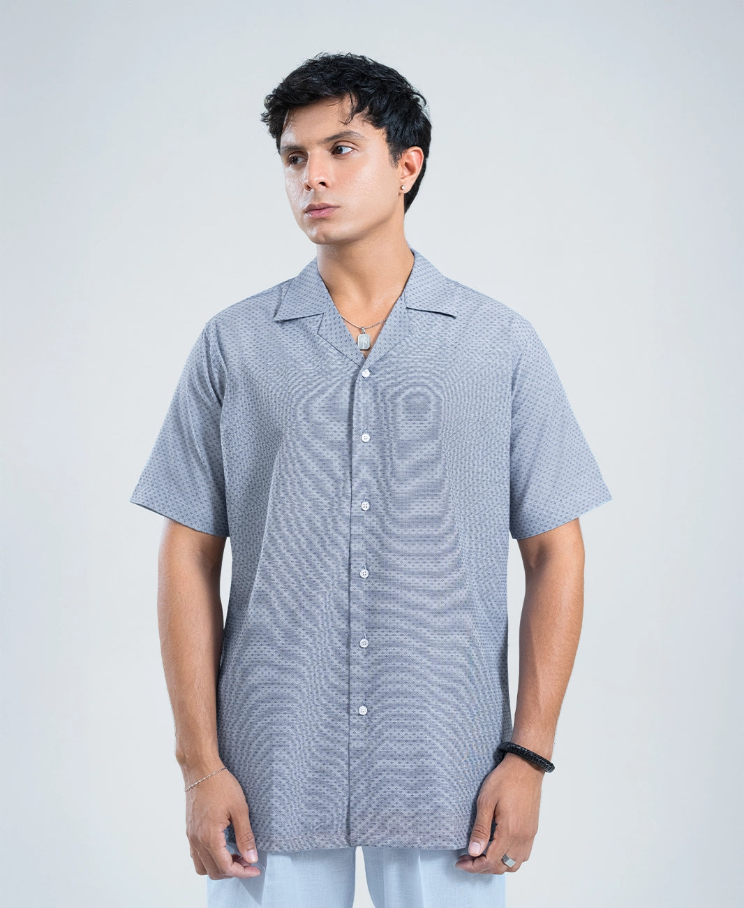 Navy & Grey Jacquard Cuban Shirt - Premium Weave