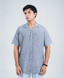 Navy & Grey Jacquard Cuban Shirt - Premium Weave