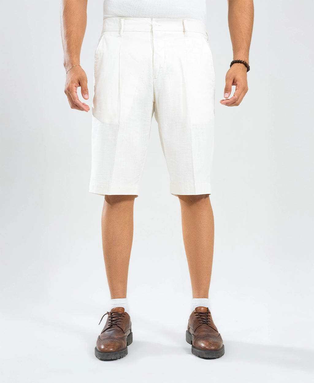 Ivory White Textured Linen Shorts