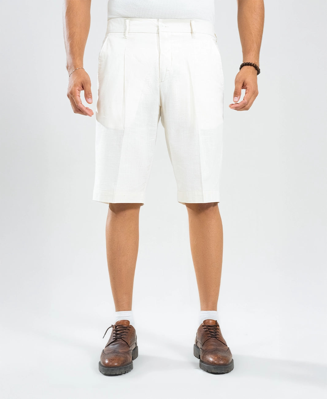 Ivory White Textured Linen Shorts