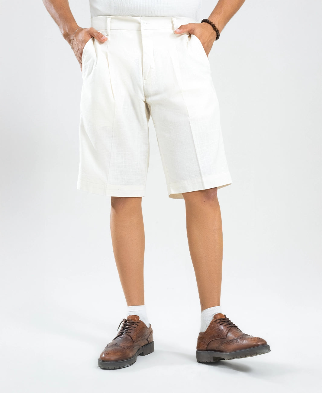 Ivory White Textured Linen Shorts