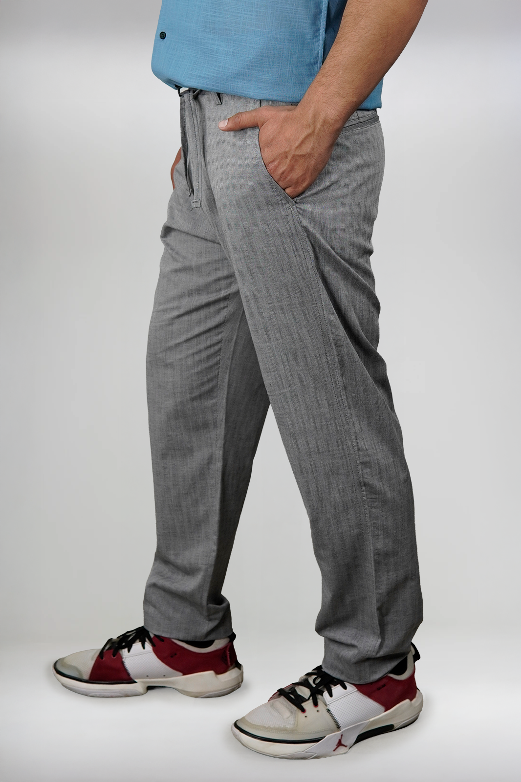 Grey Stripe Textured Irish Linen Trousers