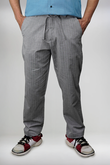 Grey Stripe Textured Irish Linen Trousers