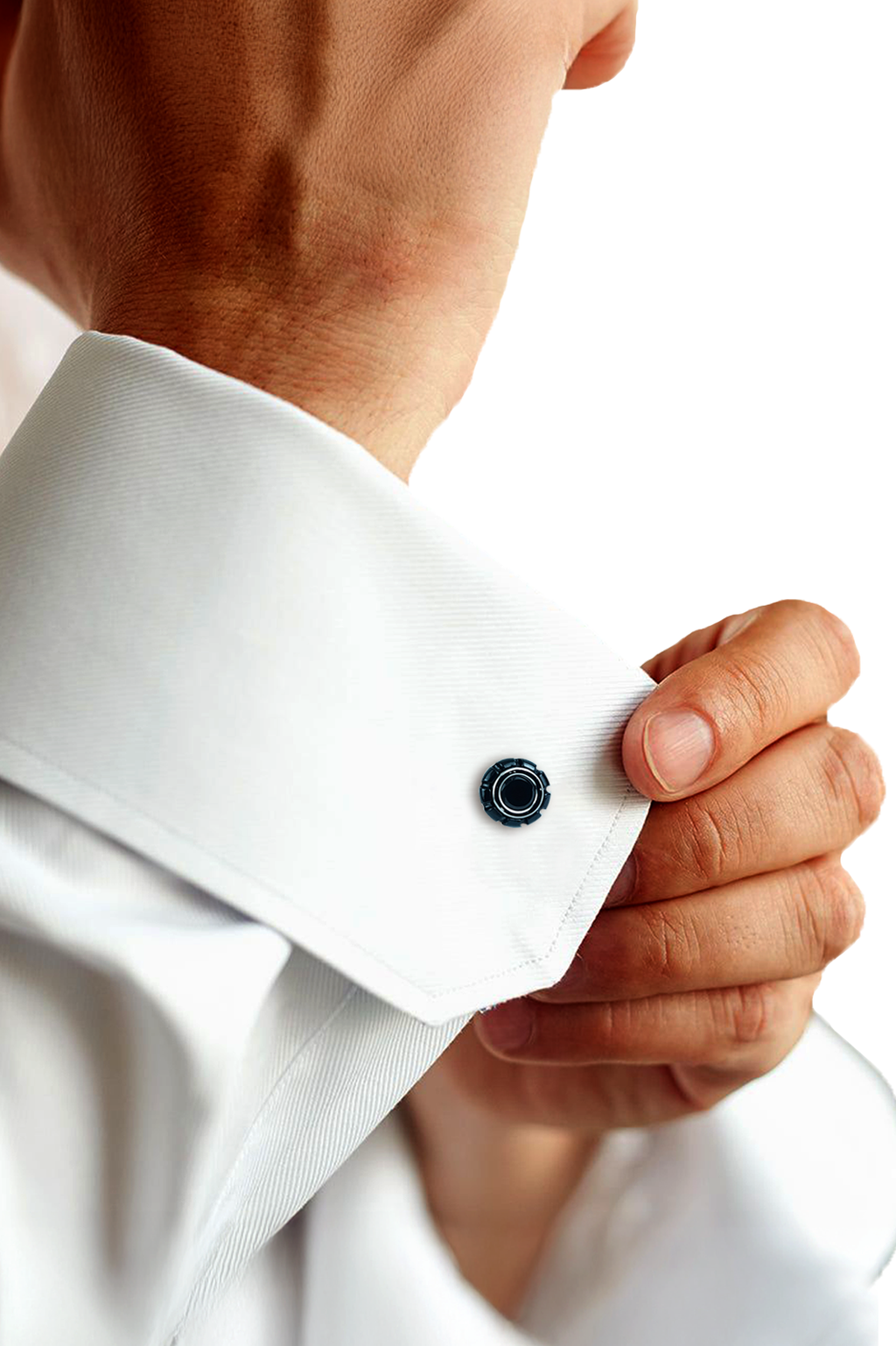 Silver-Tone Gear-Edge Onyx Inlay Cufflinks (Cufflink 435)