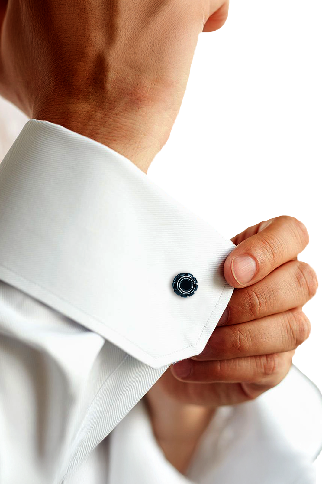 Silver-Tone Gear-Edge Onyx Inlay Cufflinks (Cufflink 435)