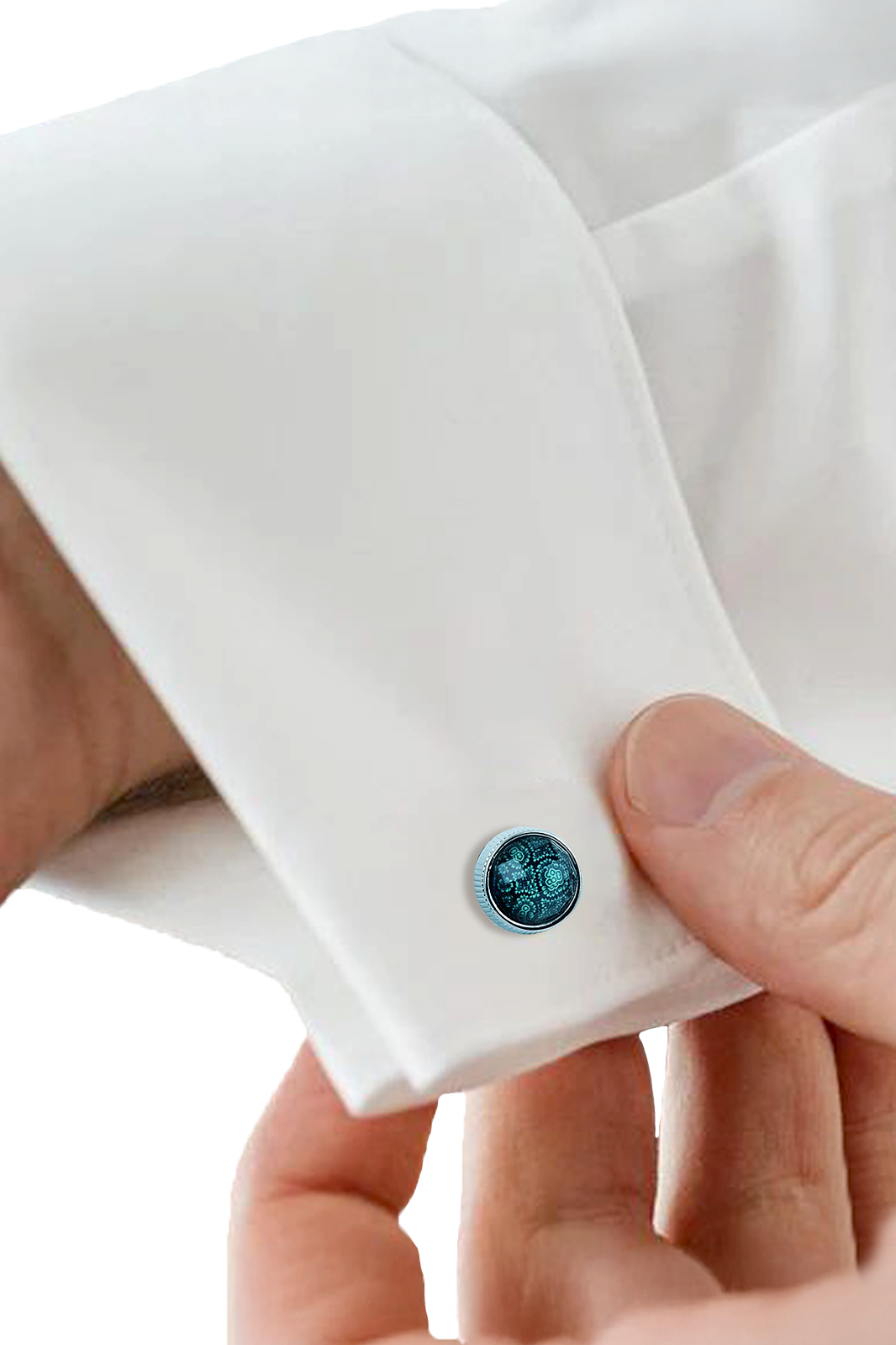 Silver-Tone Teal Patterned Glass Cufflinks (Cufflink 438)
