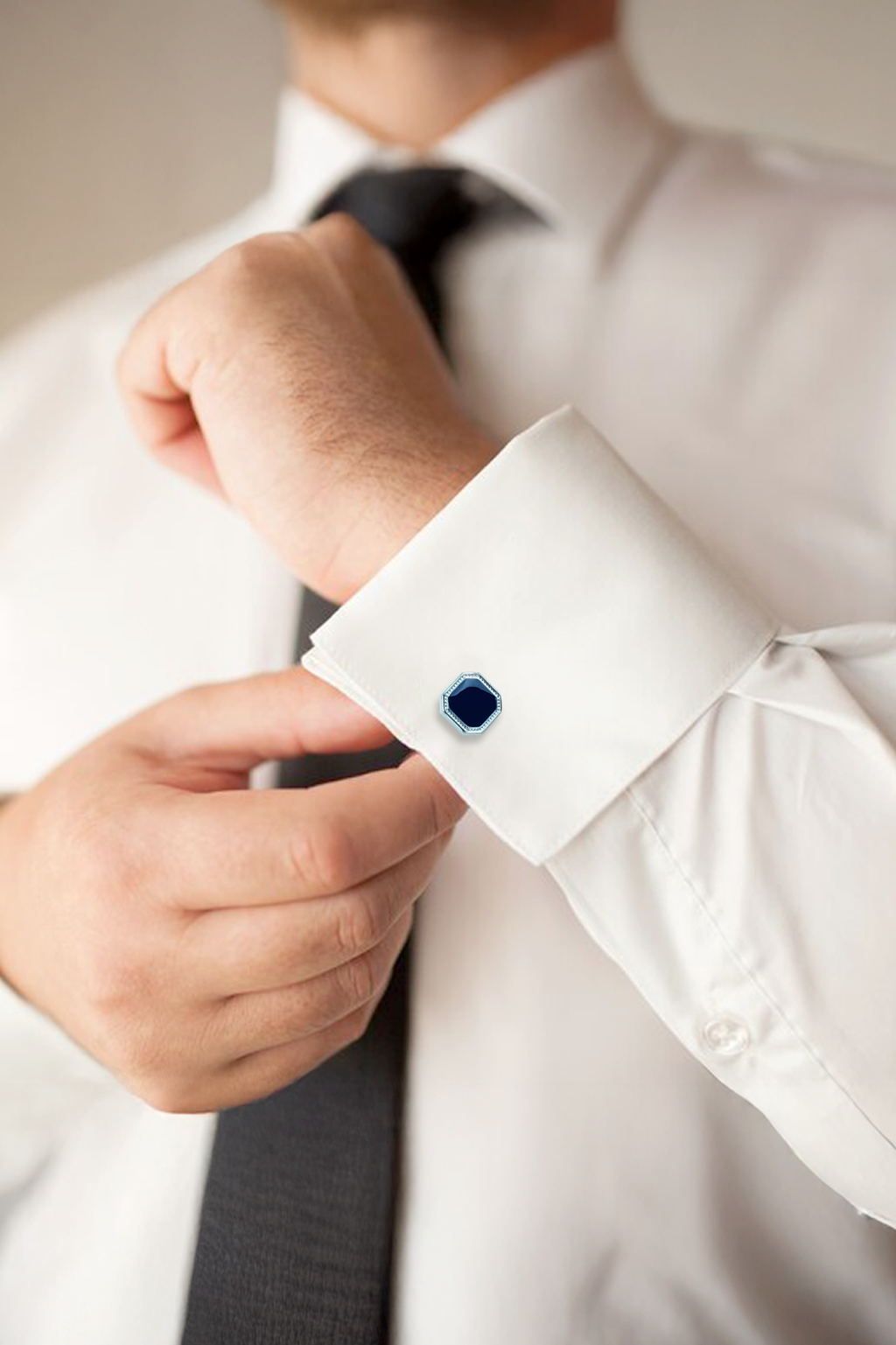 Silver-Tone Beaded Octagonal Navy Inlay Cufflinks (Cufflink 449)