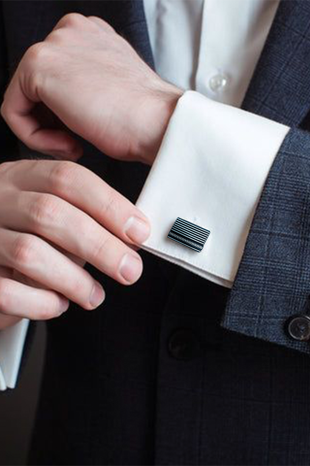 Sleek Black & Silver Ribbed Rectangular Cufflinks (Cufflink 458)