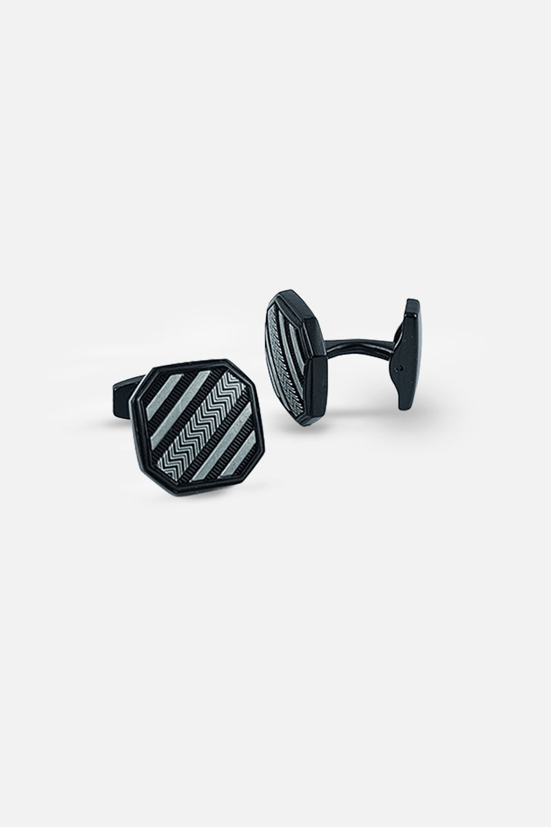 Sleek Matte Black & Silver Geometric Octagonal Cufflinks (Cufflink 465)