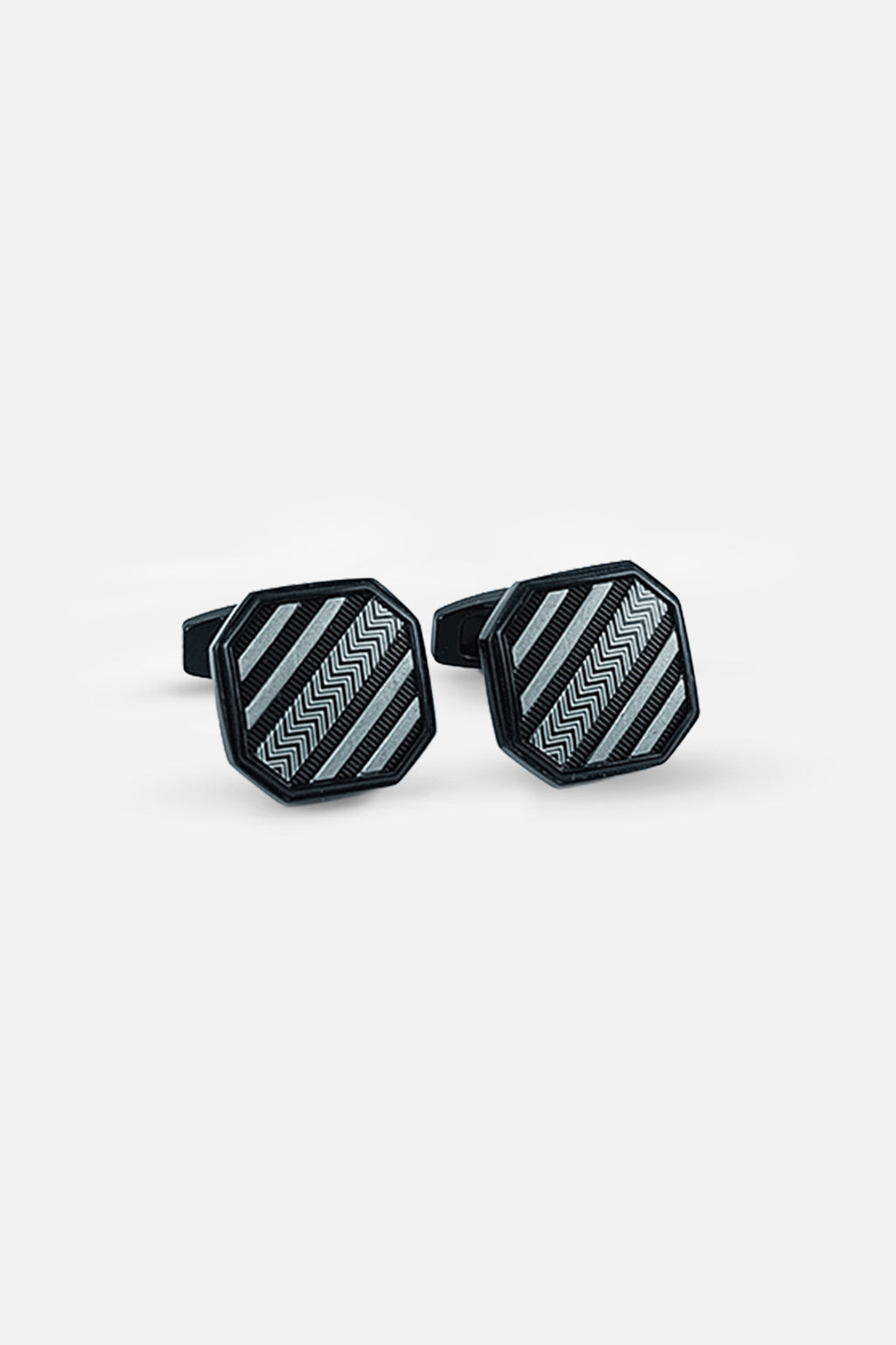 Sleek Matte Black & Silver Geometric Octagonal Cufflinks (Cufflink 465)