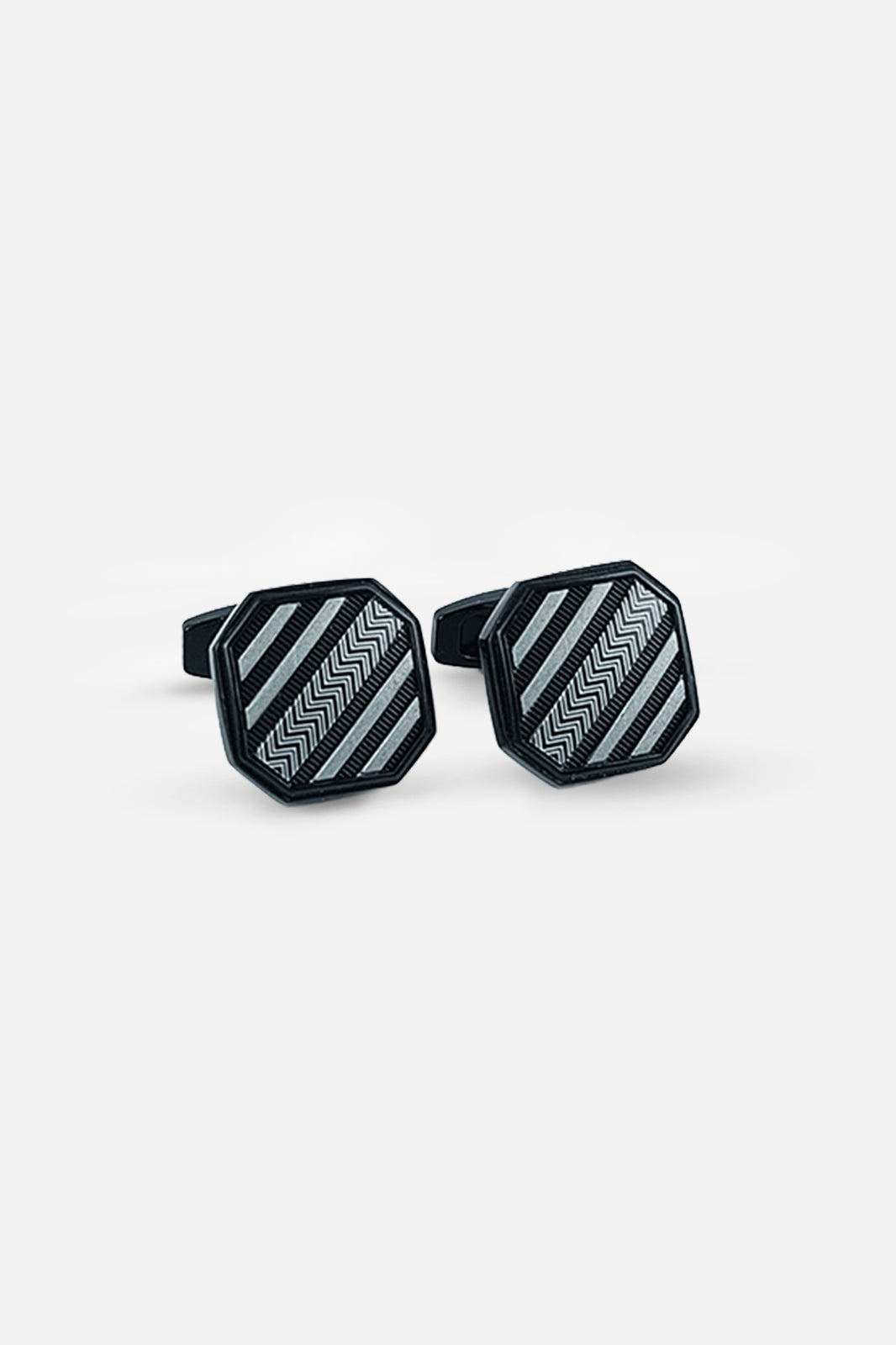 Sleek Matte Black & Silver Geometric Octagonal Cufflinks (Cufflink 465)