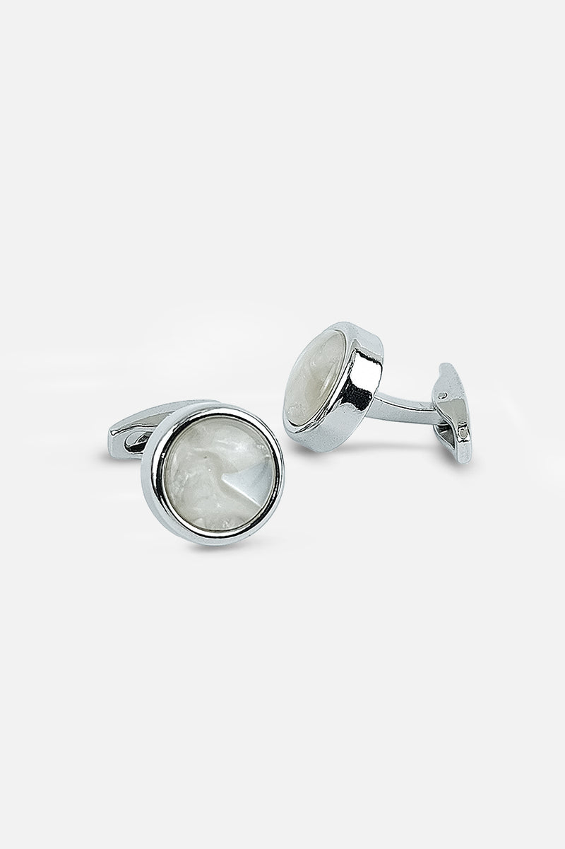 Silver-Tone Circular Mother of Pearl Inlay Cufflinks (Cufflink 431)