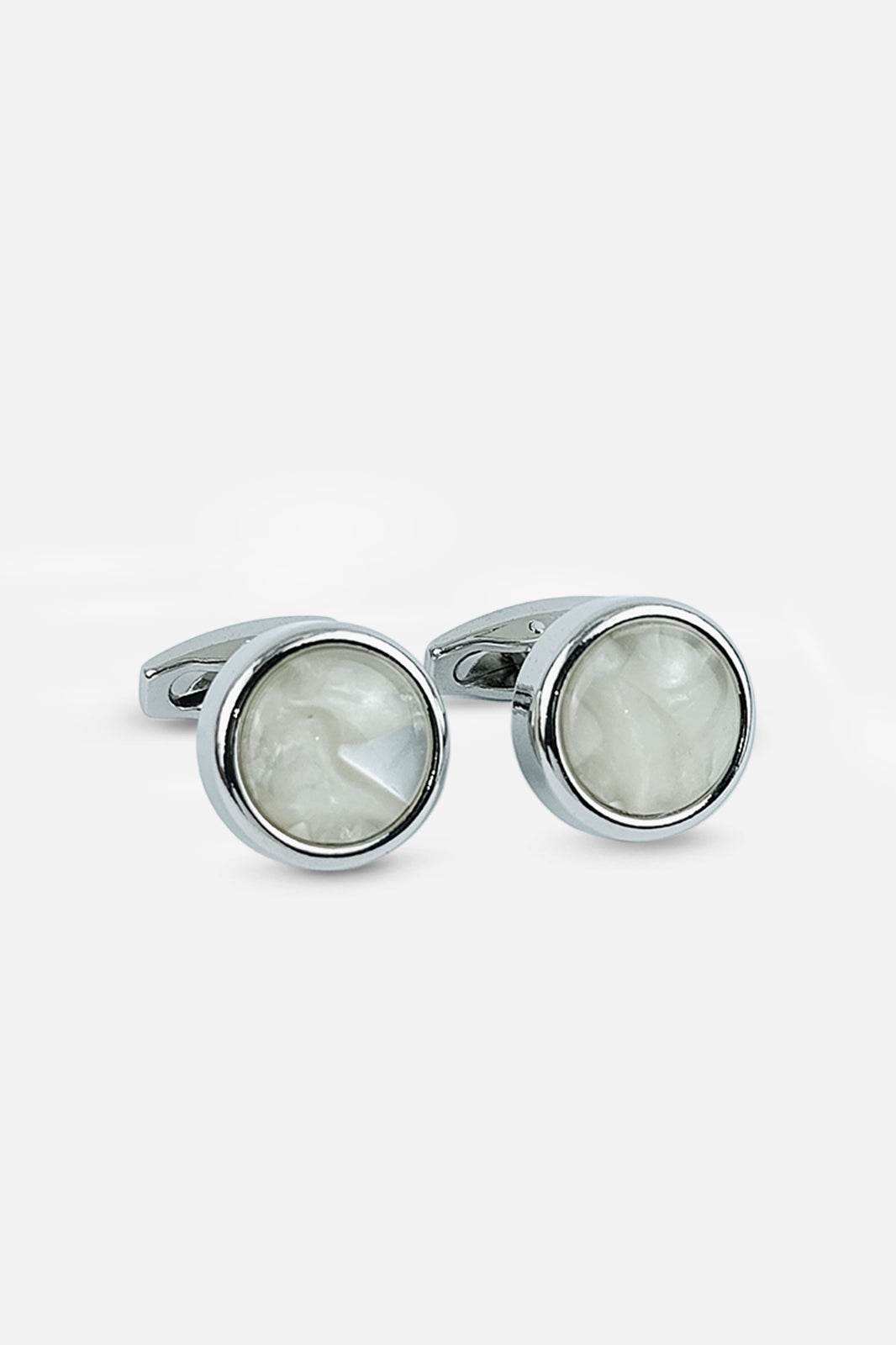 Silver-Tone Circular Mother of Pearl Inlay Cufflinks (Cufflink 431)