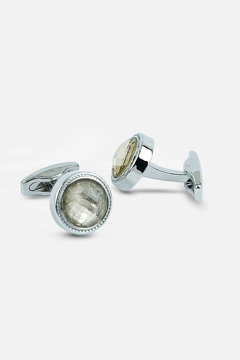 Silver-Tone Circular White Enamel Cufflinks (Cufflink 433)