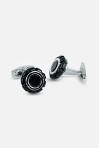 Silver-Tone Gear-Edge Onyx Inlay Cufflinks (Cufflink 435)