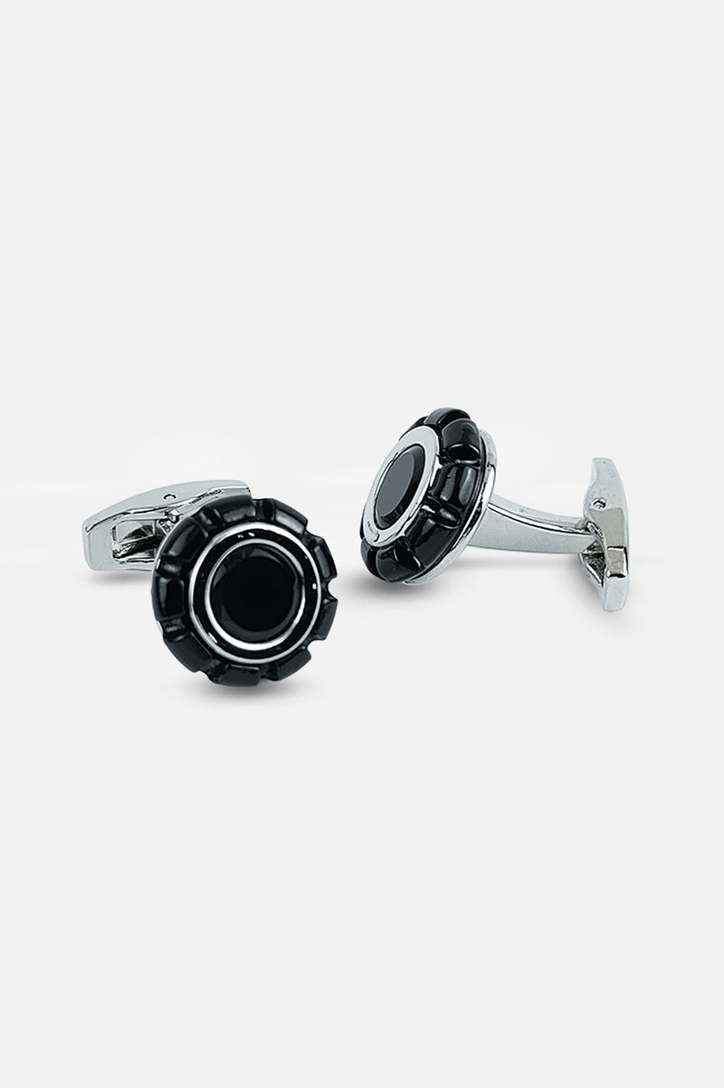 Silver-Tone Gear-Edge Onyx Inlay Cufflinks (Cufflink 435)