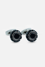 Silver-Tone Gear-Edge Onyx Inlay Cufflinks (Cufflink 435)